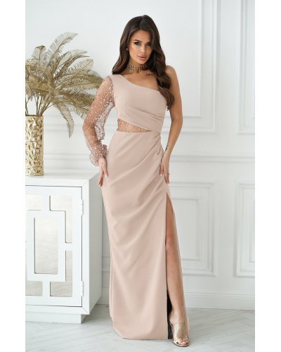Rochie eleganta lunga bej cu maneca lunga din paiete si un umar gol Temptation Rochii lungi, Rochie eleganta lunga bej cu maneca lunga din paiete si un umar gol Temptation - jojofashion.ro