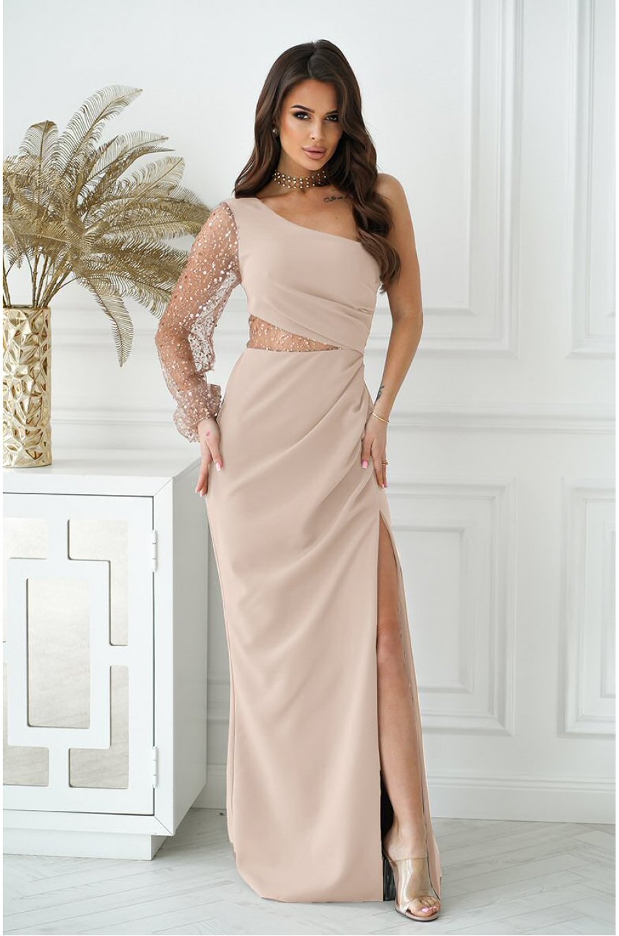 Rochie eleganta lunga bej cu maneca lunga din paiete si un umar gol Temptation 1 - jojofashion.ro