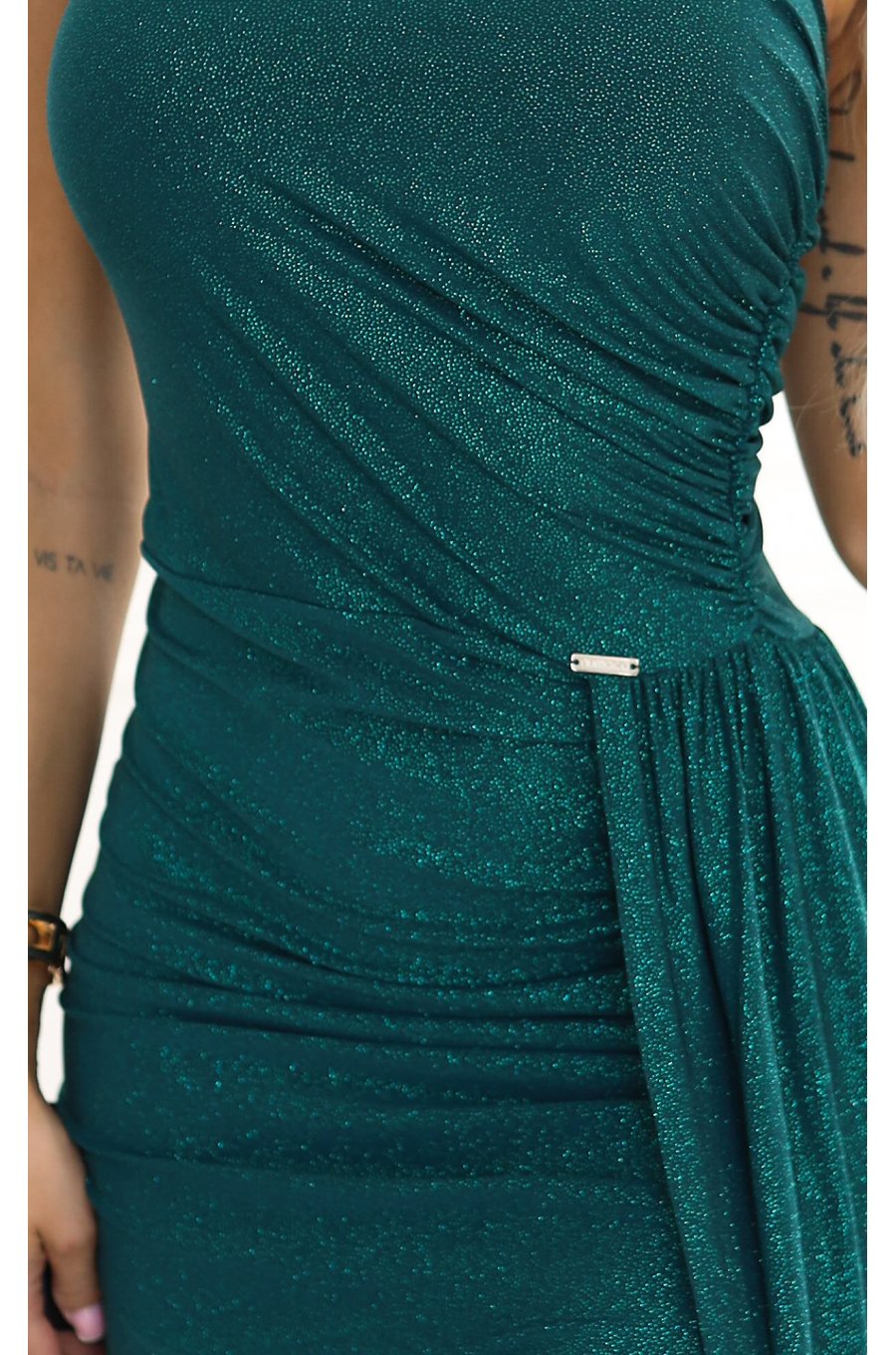 Rochie de ocazie eleganta brocard verde cu un umar gol Selena Rochie de ocazie eleganta brocard verde cu un umar gol Selena 3 - jojofashion.ro