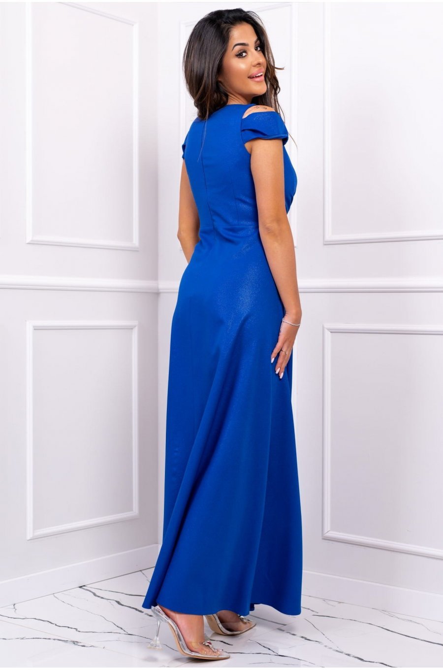 Rochie lunga albastra cu umerii goi din brocard Gala Rochie lunga albastra cu umerii goi din brocard Gala 2 - jojofashion.ro