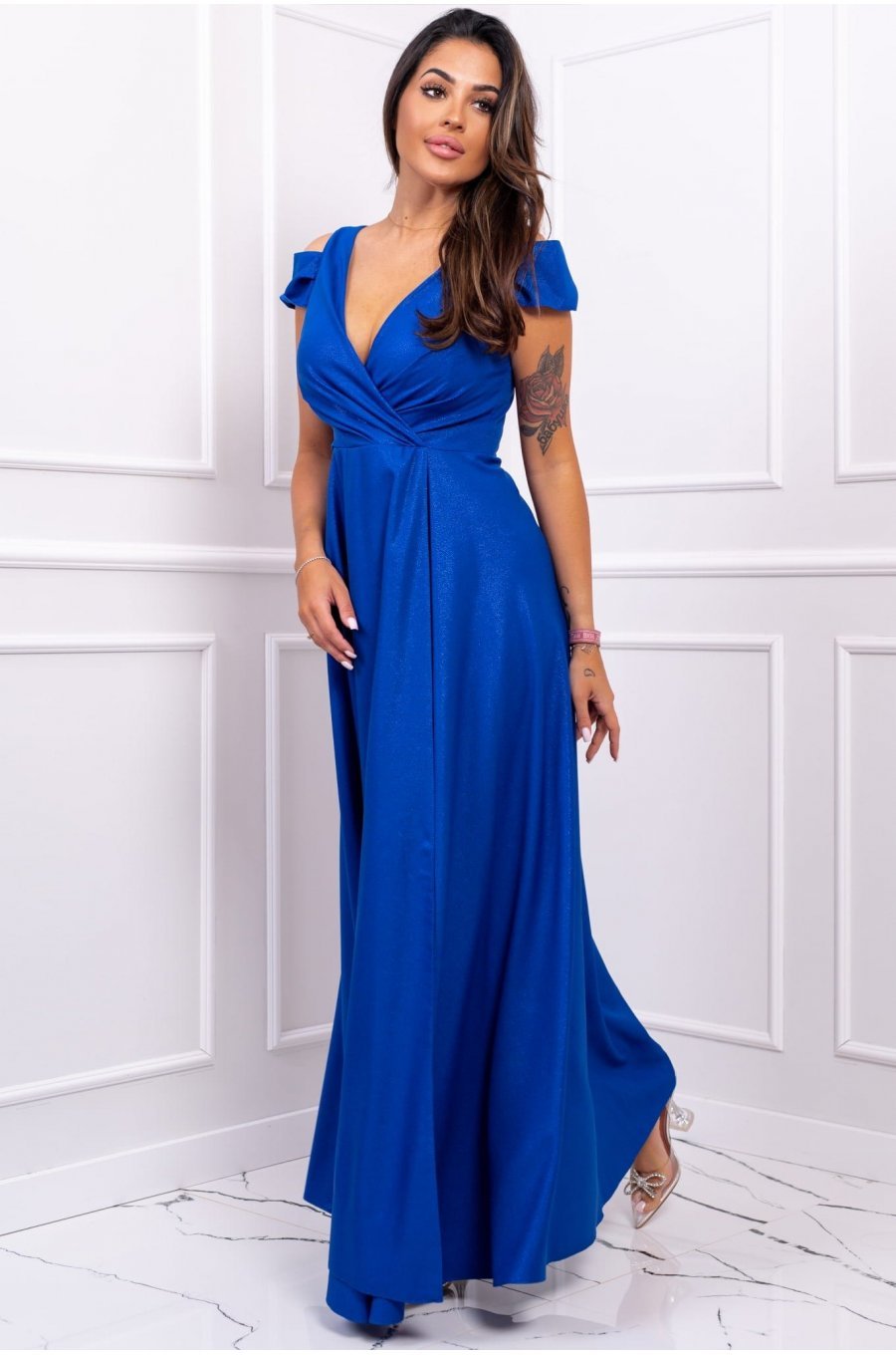 Rochie lunga albastra cu umerii goi din brocard Gala Rochie lunga albastra cu umerii goi din brocard Gala 3 - jojofashion.ro