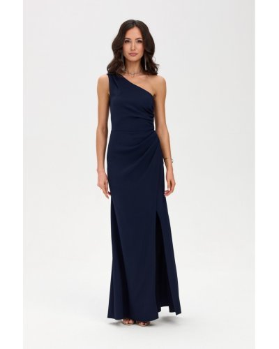 Rochii, Rochie de ocazie lunga bleumarin navy mulata crapata pe picior un umar gol CelestiaR - jojofashion.ro
