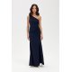 Rochie de ocazie lunga bleumarin navy mulata crapata pe picior un umar gol CelestiaR 2 - jojofashion.ro