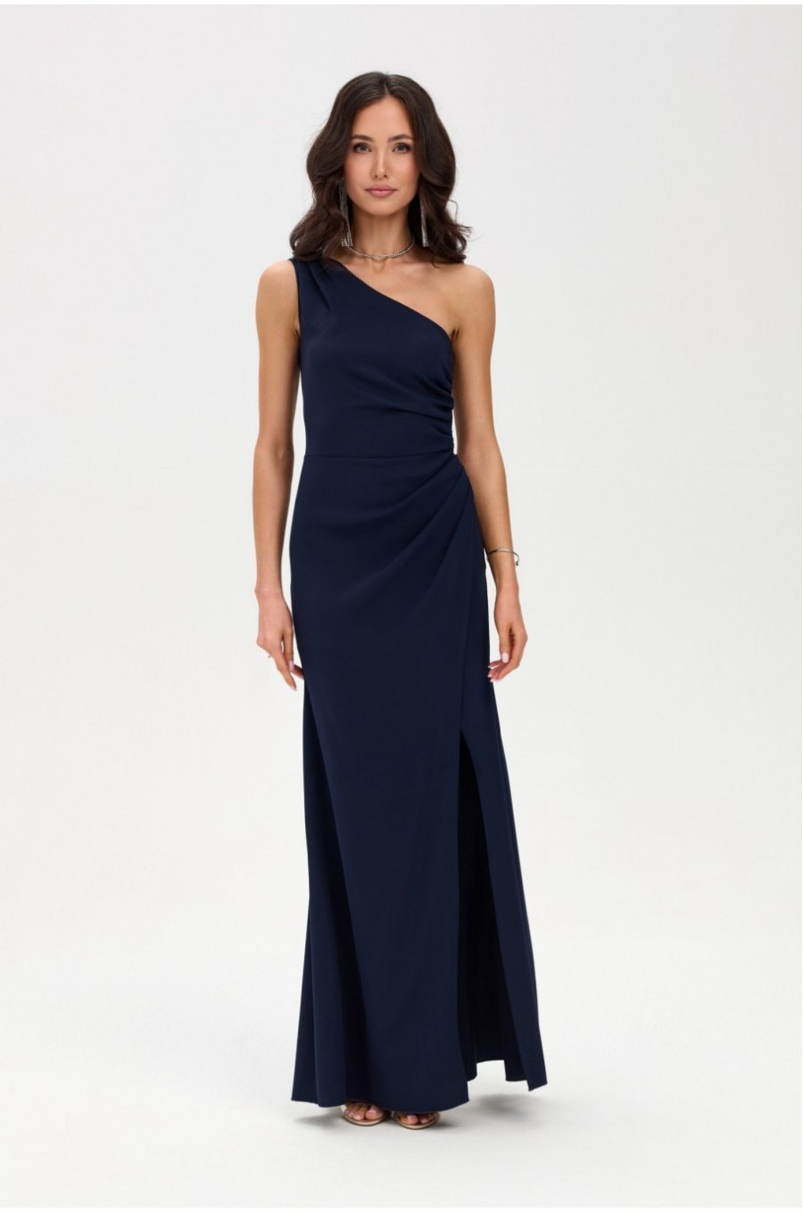 Rochie de ocazie lunga bleumarin navy mulata crapata pe picior un umar gol CelestiaR 1 - jojofashion.ro
