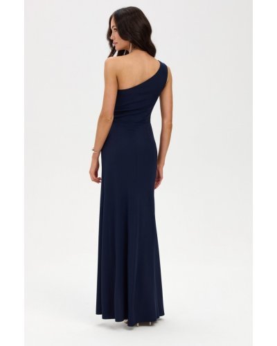 Rochii, Rochie de ocazie lunga bleumarin navy mulata crapata pe picior un umar gol CelestiaR - jojofashion.ro