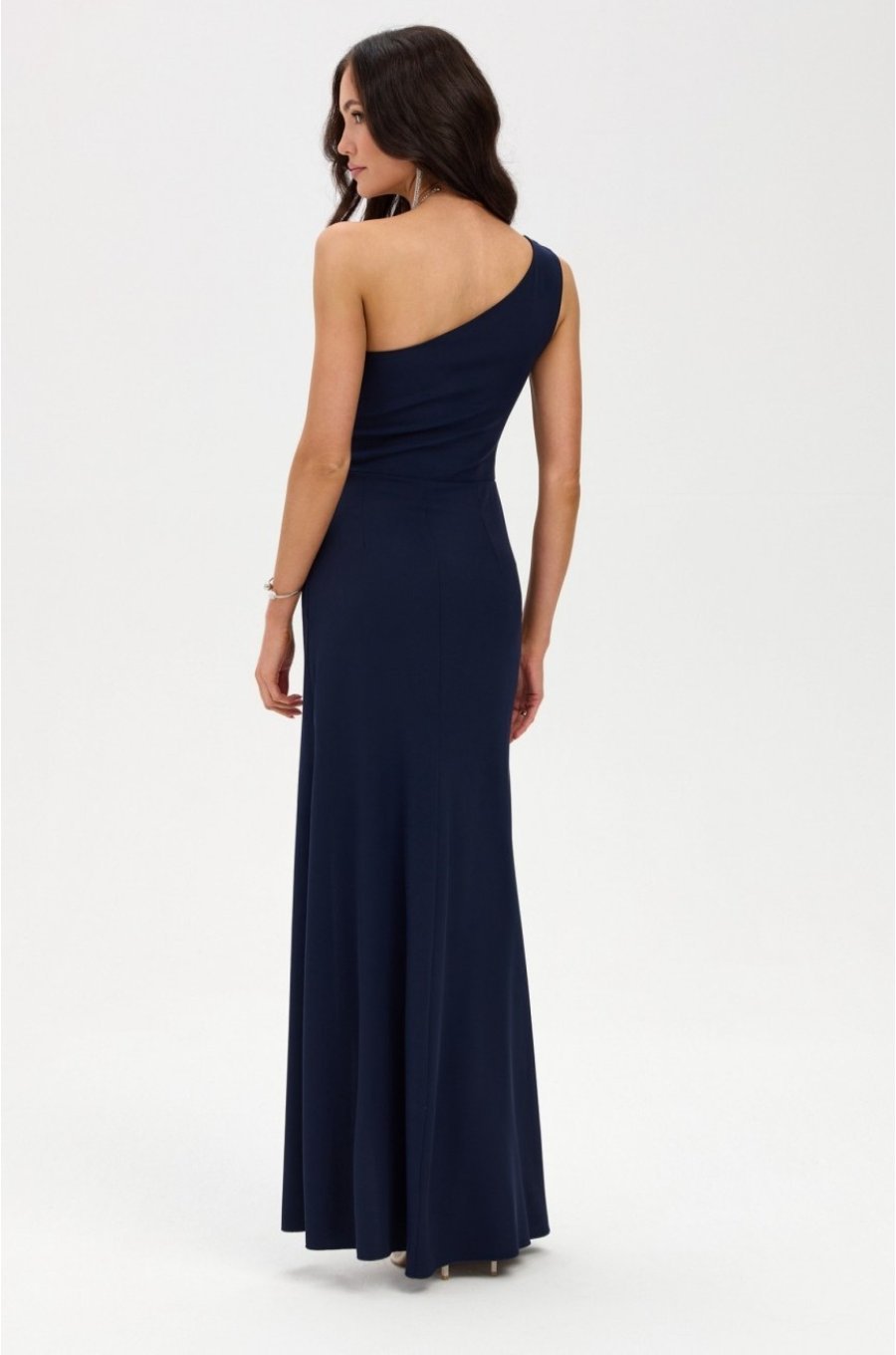 Rochie de ocazie lunga bleumarin navy mulata crapata pe picior un umar gol CelestiaR 2 - jojofashion.ro
