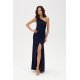 Rochie de ocazie lunga bleumarin navy mulata crapata pe picior un umar gol CelestiaR 4 - jojofashion.ro