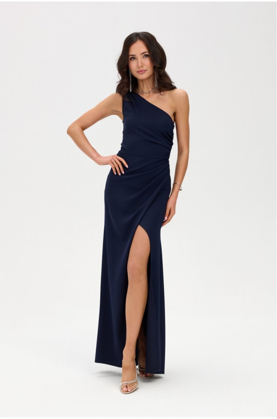 Rochie de ocazie lunga bleumarin navy mulata crapata pe picior un umar gol CelestiaR 3 - jojofashion.ro