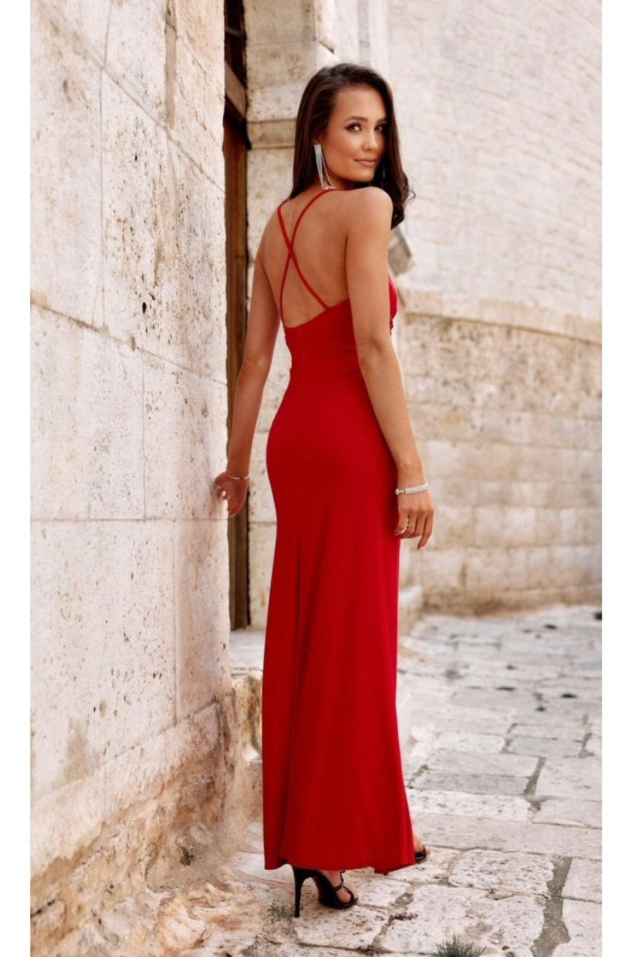 Rochie lunga rosie mulata din brocard cu spatele gol Frida 2 - jojofashion.ro
