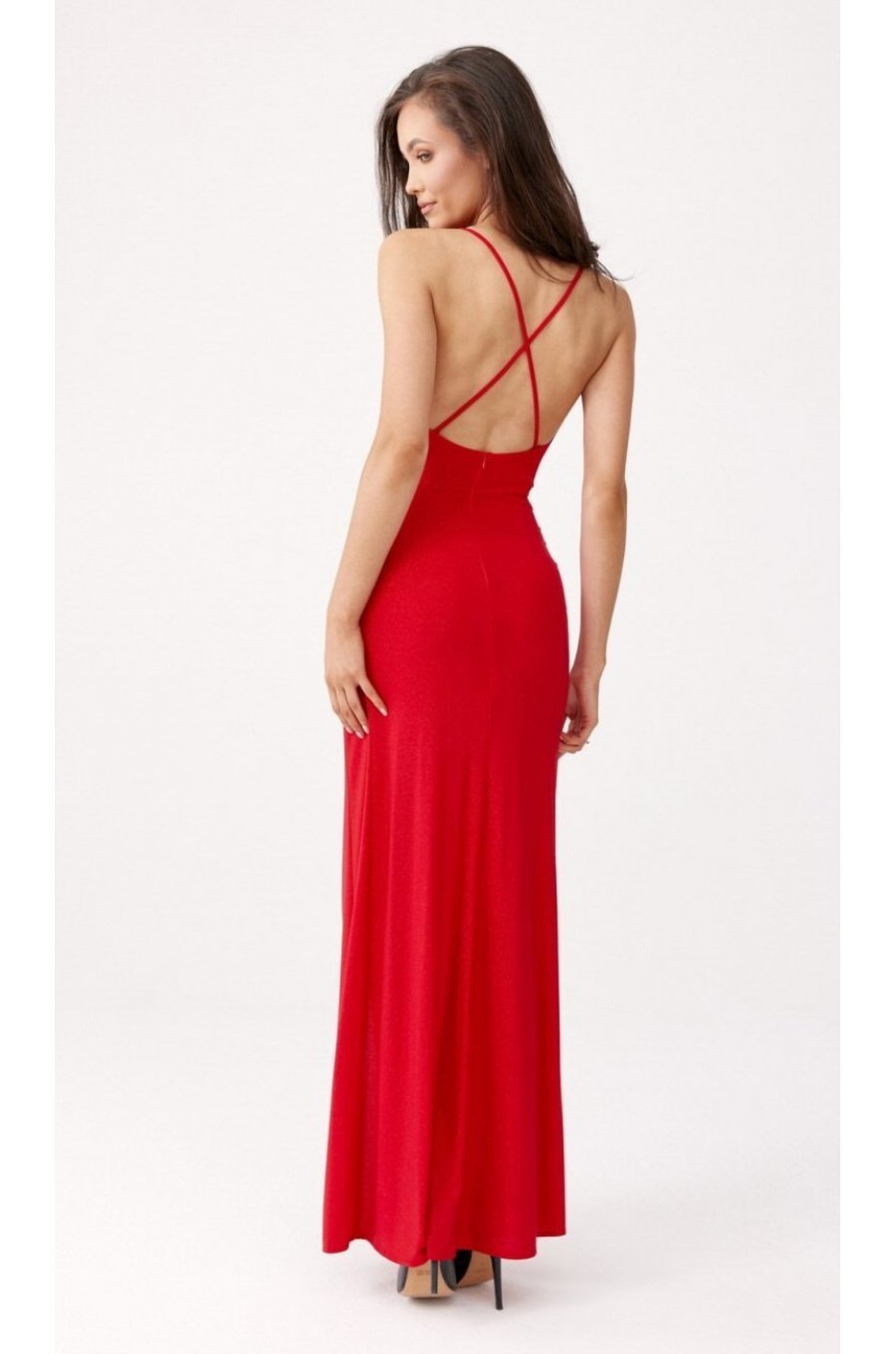 Rochie lunga rosie mulata din brocard cu spatele gol Frida 3 - jojofashion.ro