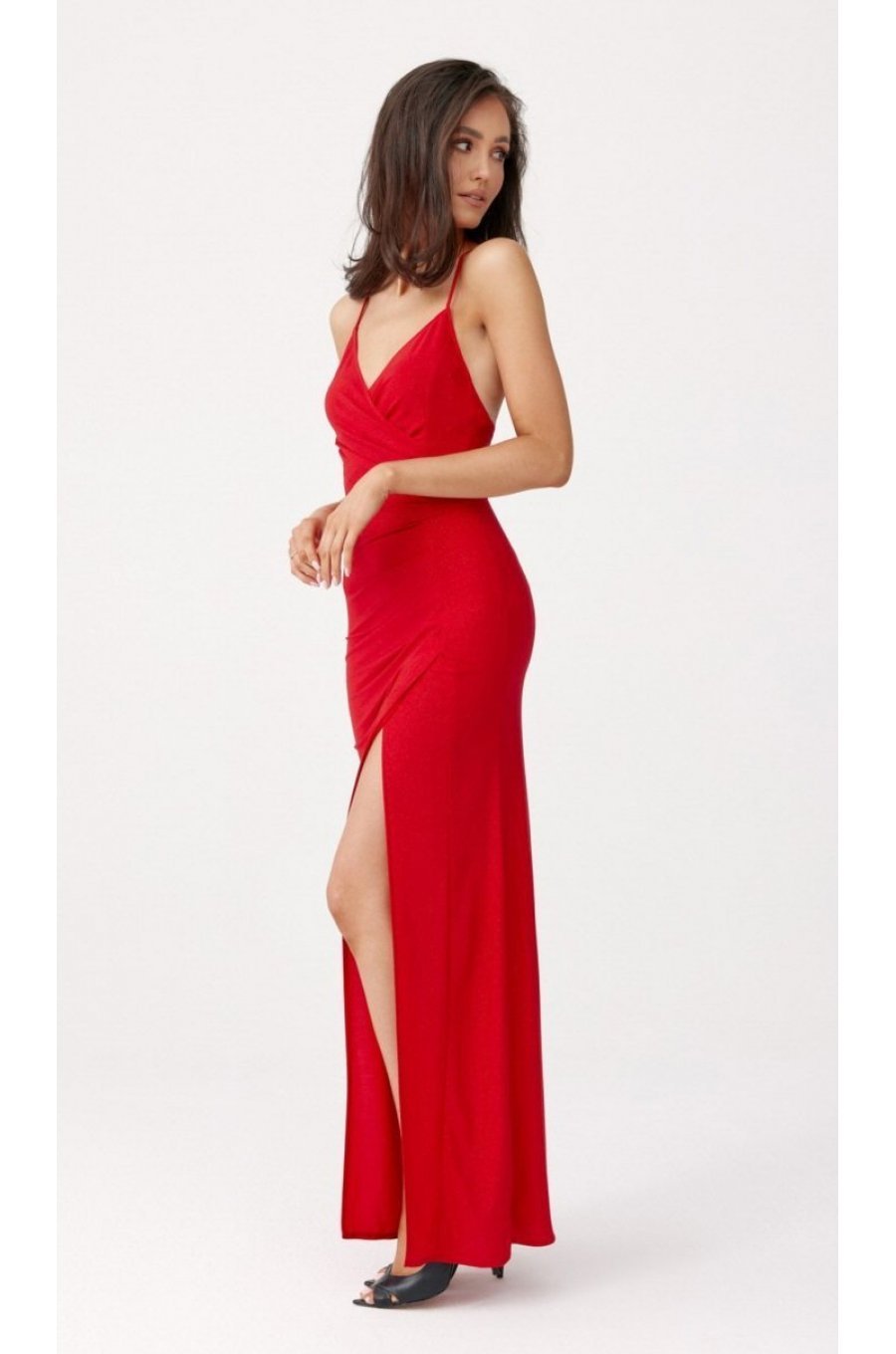 Rochie lunga rosie mulata din brocard cu spatele gol Frida 4 - jojofashion.ro