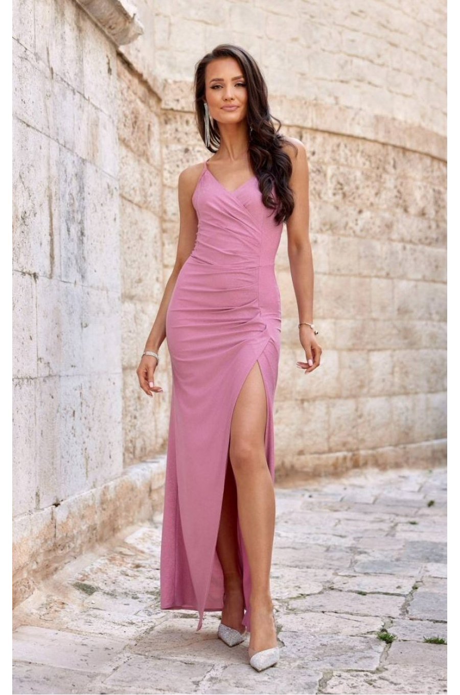 Rochie lunga, din brocard roz pudra, mulata, cu spatele gol, Frida 1 - jojofashion.ro