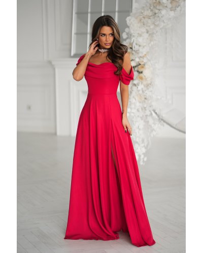 Rochii de nunta, Rochie de ocazie lunga glitter rosie cu umerii goi vaporoasa Delight - jojofashion.ro