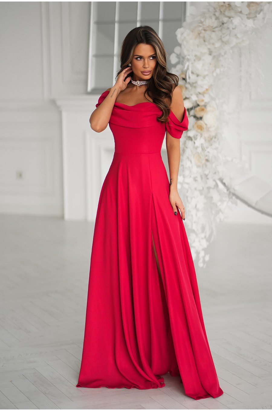 Rochie de ocazie lunga glitter rosie cu umerii goi vaporoasa Delight 1 - jojofashion.ro