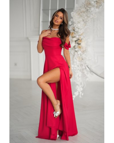 Rochii de nunta, Rochie de ocazie lunga glitter rosie cu umerii goi vaporoasa Delight - jojofashion.ro