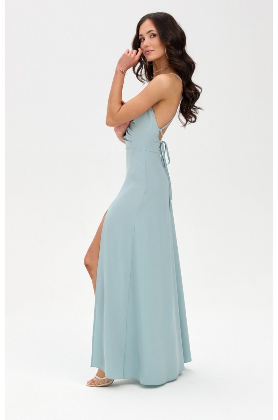 Rochie de ocazie lunga menta crapata pe picior cu spatele gol LivianaR 3 - jojofashion.ro