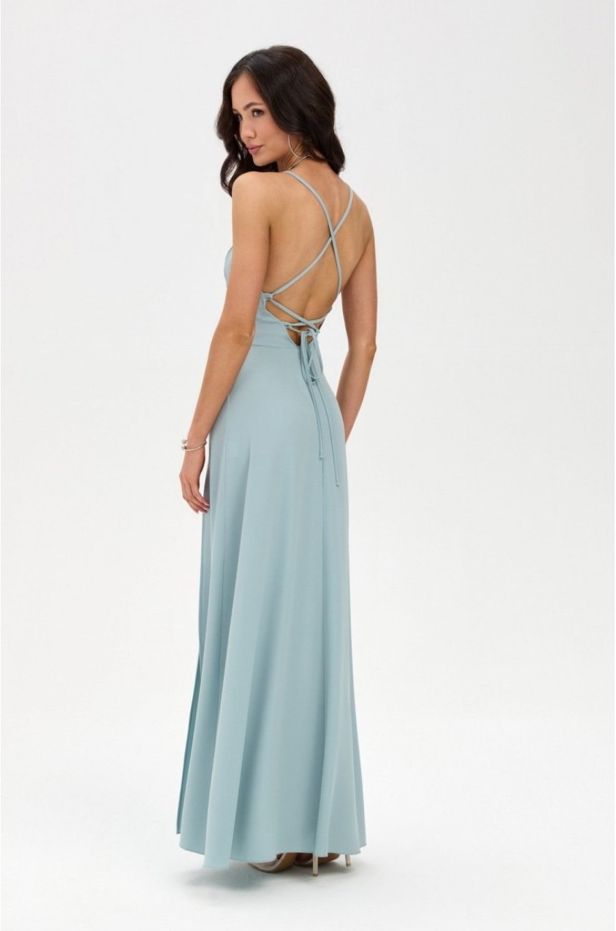 Rochie de ocazie lunga menta crapata pe picior cu spatele gol LivianaR 2 - jojofashion.ro