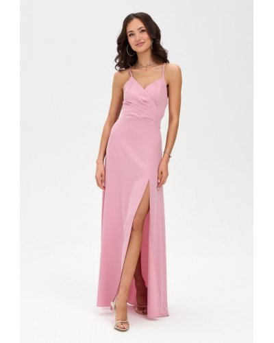Rochii, Rochie de ocazie lunga roz pudra crapata pe picior cu spatele gol LivianaR - jojofashion.ro