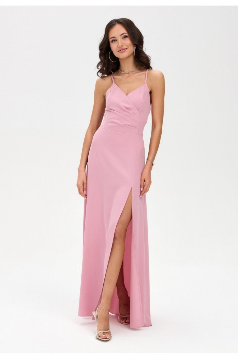 Rochie de ocazie lunga roz pudra crapata pe picior cu spatele gol LivianaR 1 - jojofashion.ro