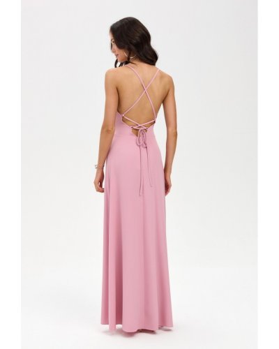 Rochii, Rochie de ocazie lunga roz pudra crapata pe picior cu spatele gol LivianaR - jojofashion.ro
