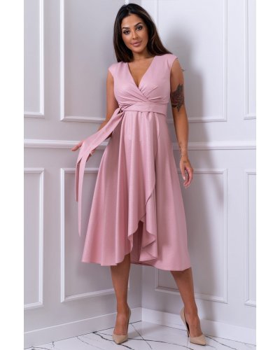 Rochie midi din brocard roz pudra petrecuta asimetrica Greta Rochii de Ocazie Elegante, Rochie midi din brocard roz pudra petrecuta asimetrica Greta - jojofashion.ro