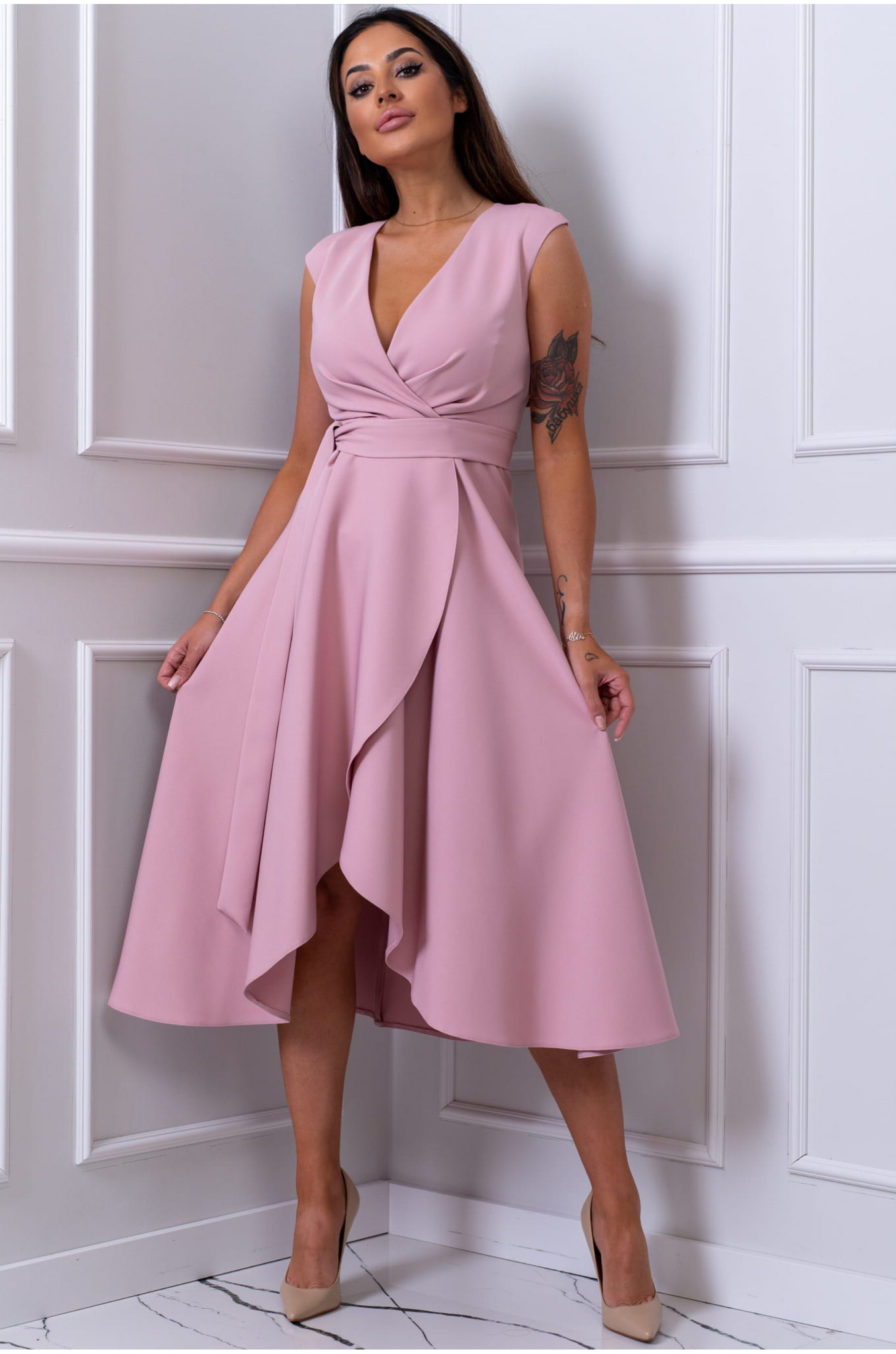 Rochie midi roz pudra petrecuta asimetrica Greta2 - JojoFashion.ro