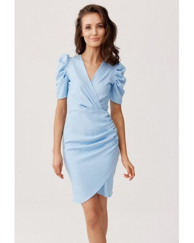 Rochie de ocazie scurta, baby blue, petrecuta, drapata Sharina Rochii scurte, Rochie de ocazie scurta, baby blue, petrecuta, drapata Sharina - jojofashion.ro