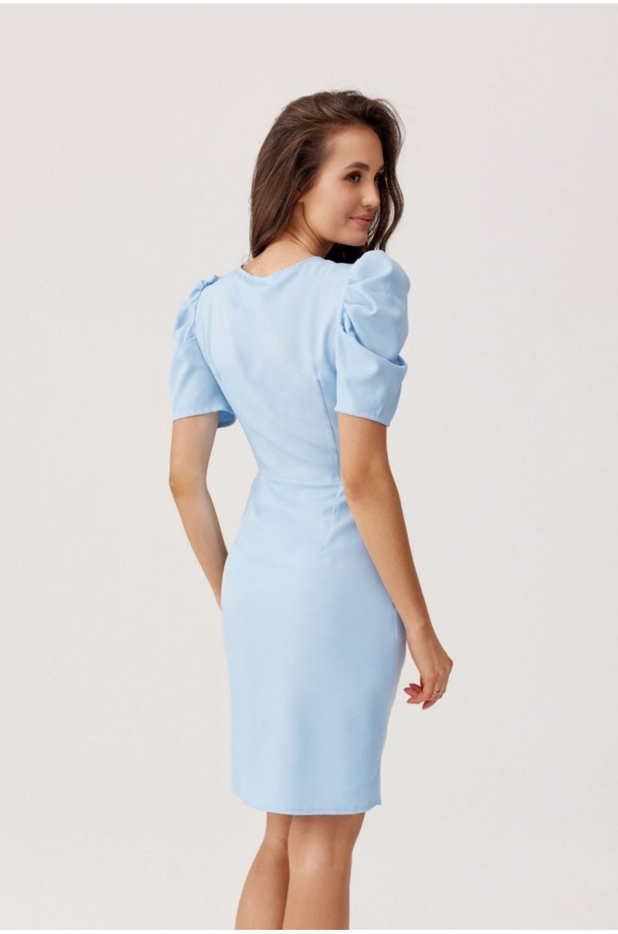 Rochie de ocazie scurta, baby blue, petrecuta, drapata Sharina 2 - jojofashion.ro
