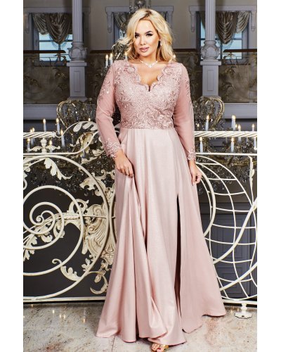 Rochie lunga din dantela brocard roz pastelat cu maneca lunga Carmen Rochii lungi, Rochie lunga din dantela brocard roz pastelat cu maneca lunga Carmen - jojofashion.ro