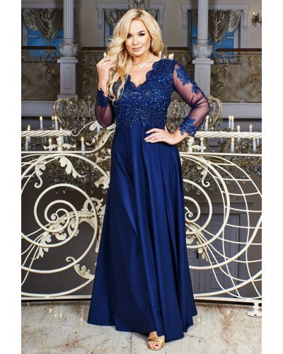 Rochie de seara eleganta lunga in marimi mari brocard bleumarin Carmen Rochii lungi, Rochie de seara eleganta lunga in marimi mari brocard bleumarin Carmen - jojofashion.ro
