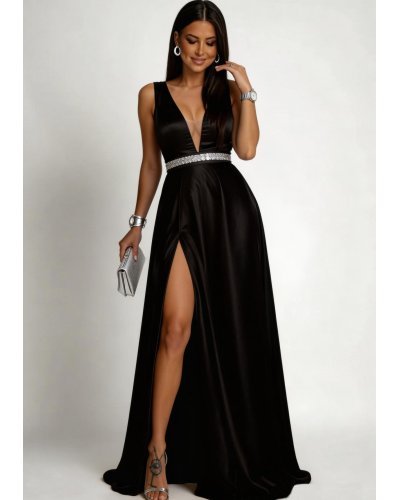 Rochie lunga neagra din tafta Carra - jojofashion.ro