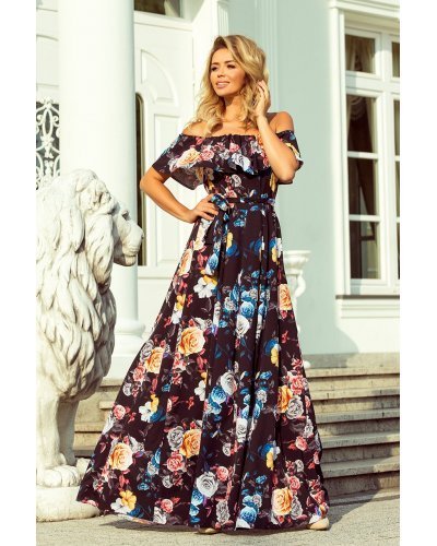 Rochie de vara lunga neagra cu flori colorate cu umerii goi si volane Georgia Rochii, Rochie de vara lunga neagra cu flori colorate cu umerii goi si volane Georgia - jojofashion.ro