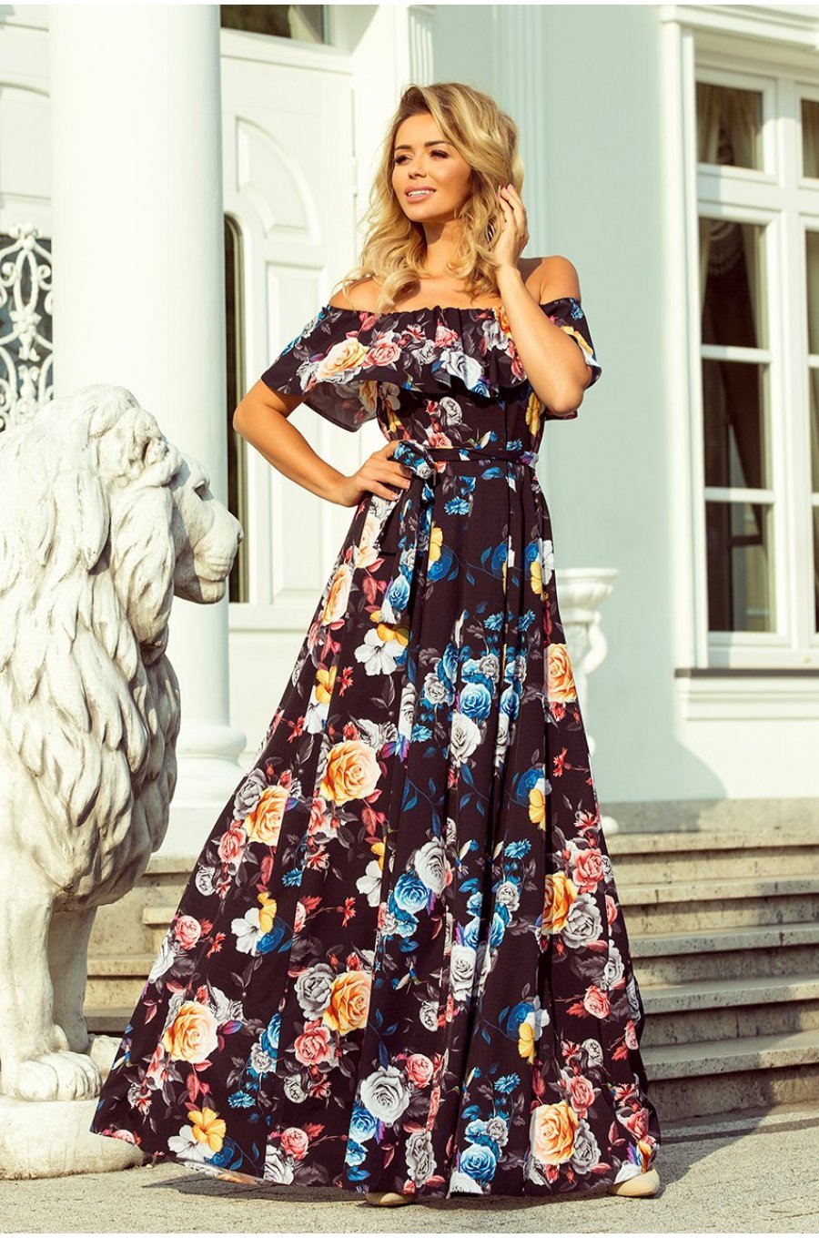 Rochie de vara lunga neagra cu flori colorate cu umerii goi si volane Georgia 1 - jojofashion.ro
