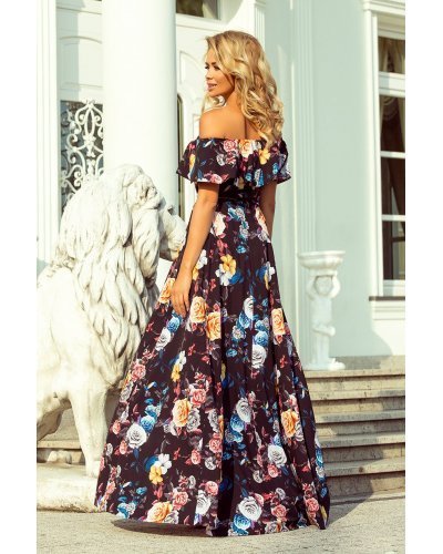 Rochie de vara lunga neagra cu flori colorate cu umerii goi si volane Georgia Rochii, Rochie de vara lunga neagra cu flori colorate cu umerii goi si volane Georgia - jojofashion.ro