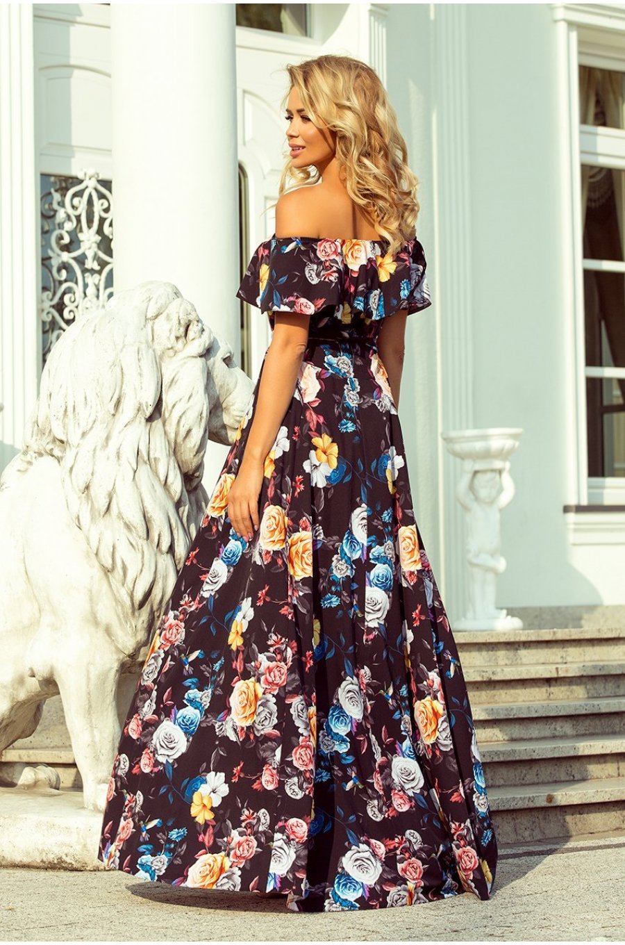 Rochie de vara lunga neagra cu flori colorate cu umerii goi si volane Georgia 2 - jojofashion.ro