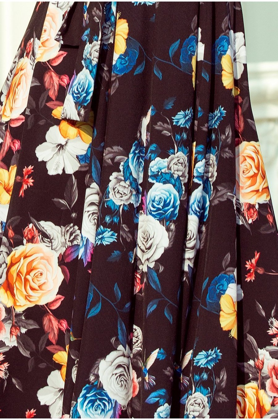 Rochie de vara lunga neagra cu flori colorate cu umerii goi si volane Georgia 5 - jojofashion.ro
