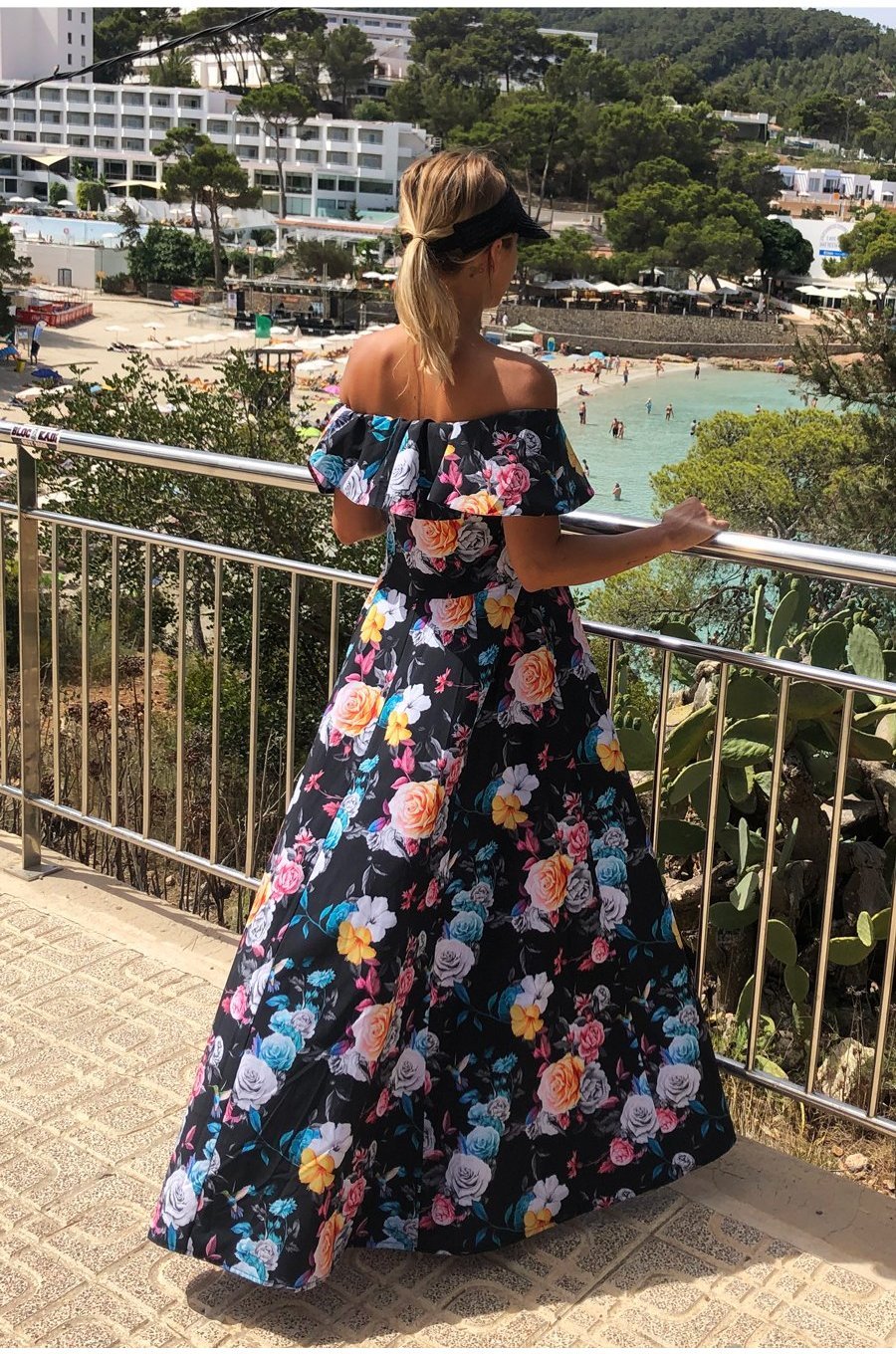 Rochie de vara lunga neagra cu flori colorate cu umerii goi si volane Georgia 4 - jojofashion.ro