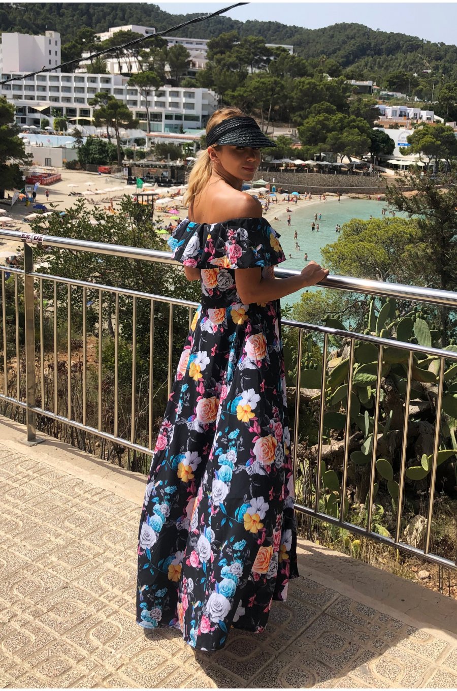 Rochie de vara lunga neagra cu flori colorate cu umerii goi si volane Georgia 3 - jojofashion.ro