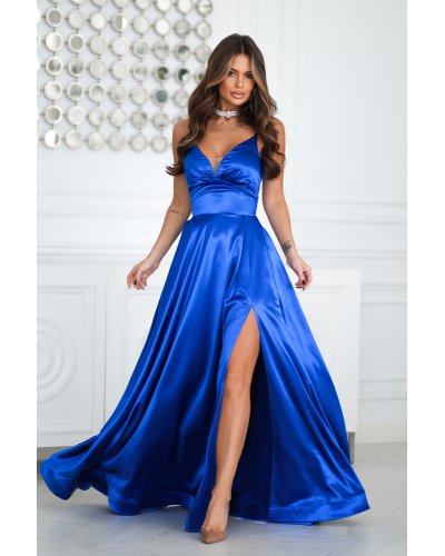 Rochii, Rochie din satin albastra lunga cu bust tip corset vaporoasa Saphira - jojofashion.ro