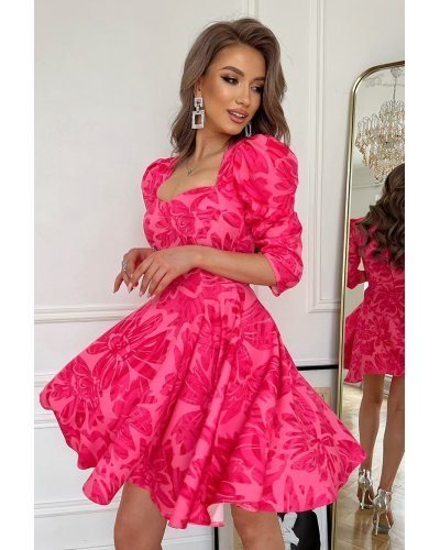 Rochie eleganta baby doll, vascoza roz fucsia cu flori, Coralia Rochii de Ocazie Elegante, Rochie eleganta baby doll, vascoza roz fucsia cu flori, Coralia - jojofashion.ro