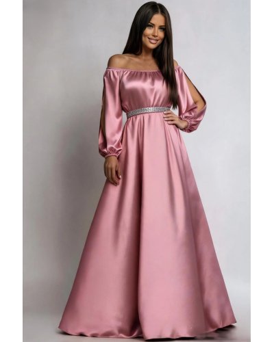 Rochii roz, Rochie eleganta de ocazie lunga din satin roz pal cu maneca lunga vaporoasa Larisa  - jojofashion.ro