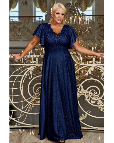 Rochie lunga din dantela si brocard bleumarin Laura Rochii lungi, Rochie lunga din dantela si brocard bleumarin Laura - jojofashion.ro