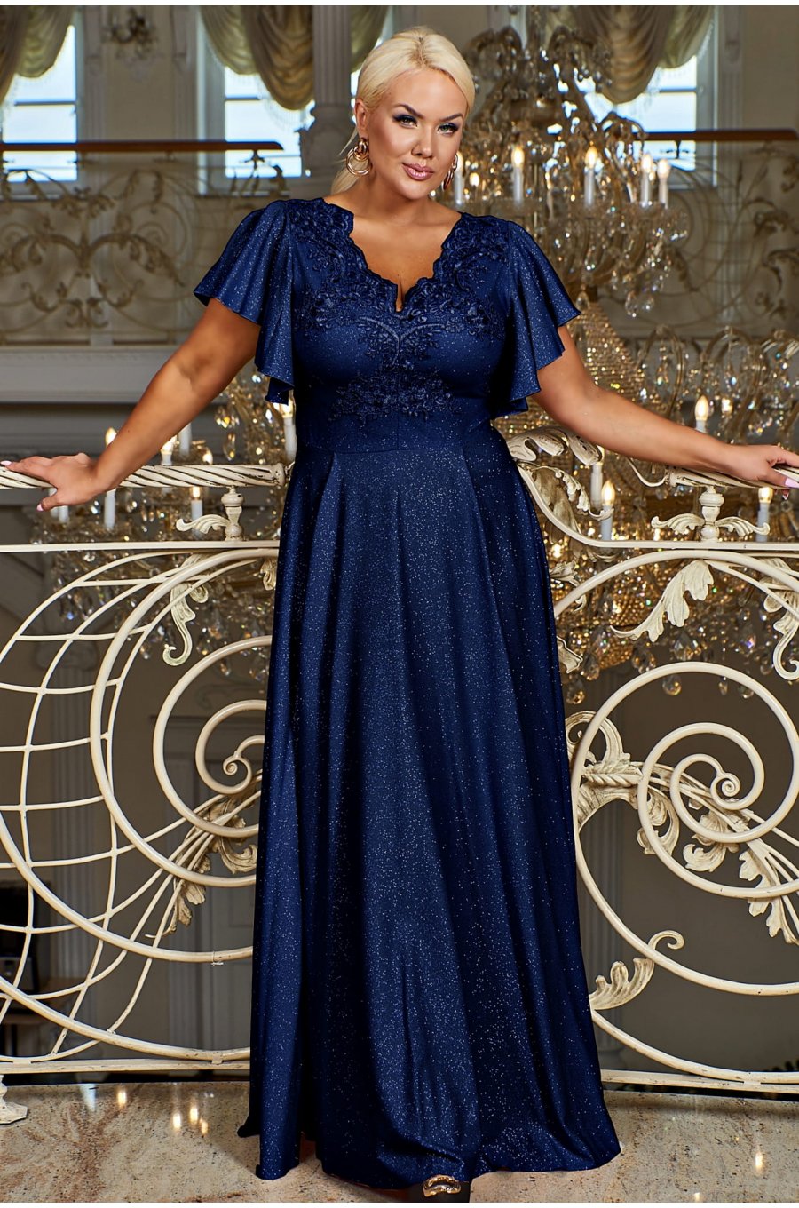Rochie lunga din dantela si brocard bleumarin Laura Rochie lunga din dantela si brocard bleumarin Laura 1 - jojofashion.ro