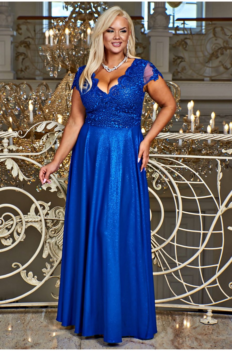 Rochie eleganta in marimi mari, lunga, brocard, albastra, Carmen2 2 - jojofashion.ro