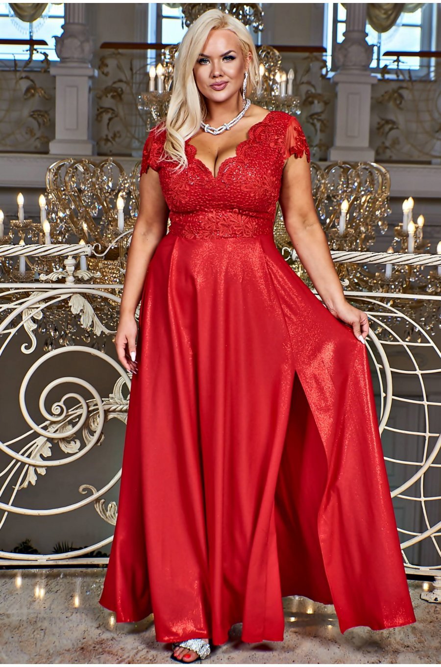 Rochie lunga rosie din dantela si brocard Carmen2 2 - jojofashion.ro
