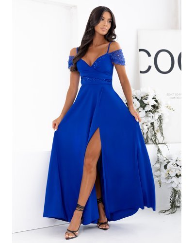 Rochii vaporoase, Rochie eleganta lunga albastra cu paiete vaporoasa cu umeri goi Valentina2 - jojofashion.ro