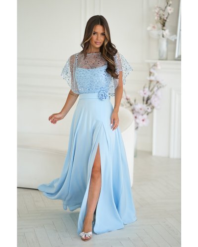 Rochie eleganta lunga baby blue cu bolero din paiete vaporoasa Azaliya Rochii, Rochie eleganta lunga baby blue cu bolero din paiete vaporoasa Azaliya - jojofashion.ro