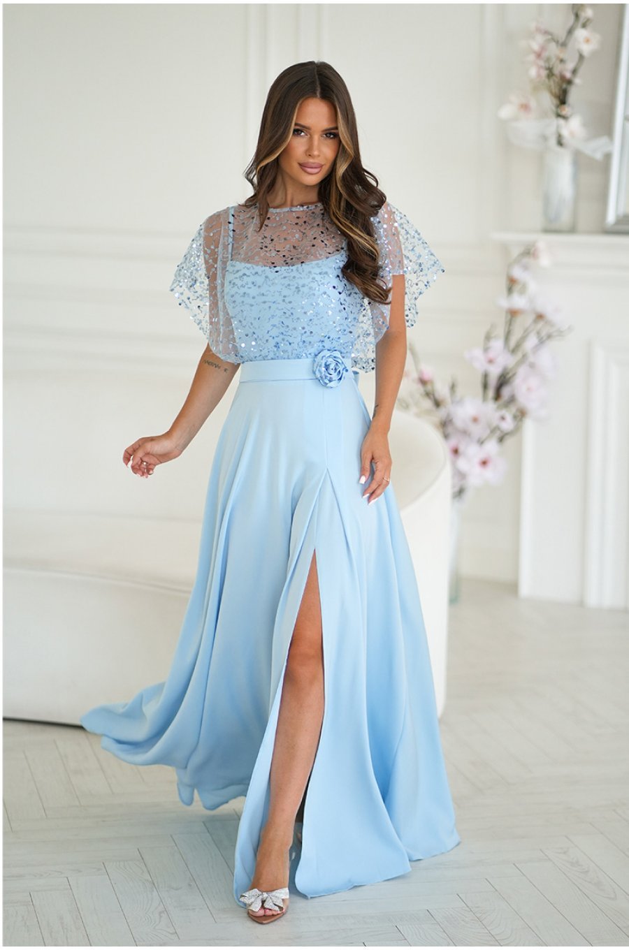 Rochie eleganta lunga baby blue cu bolero din paiete vaporoasa Azaliya 1 - jojofashion.ro