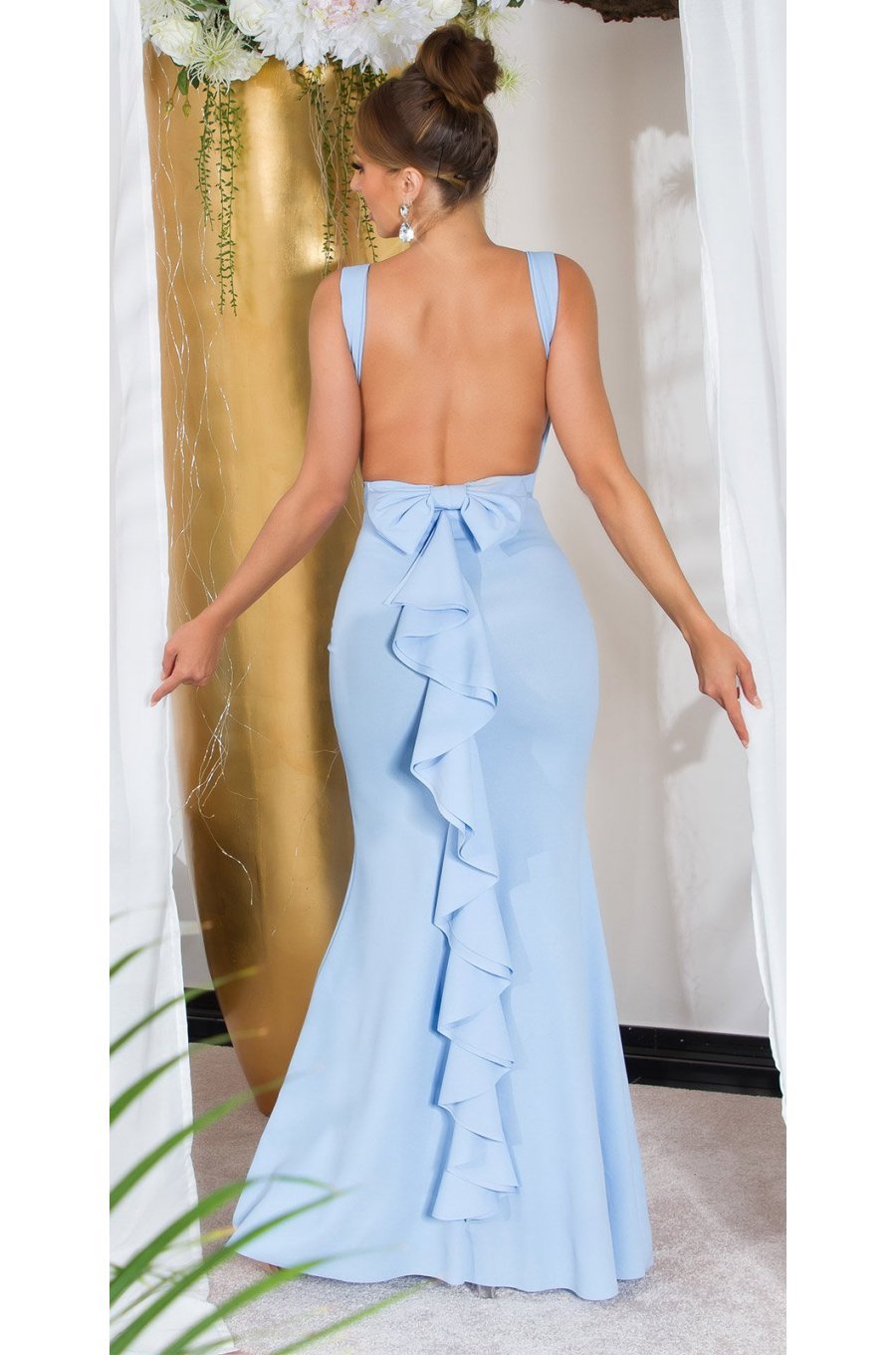 Rochie eleganta lunga, baby blue, mulata, tip sirena, cu spatele gol, Lace 1 - jojofashion.ro