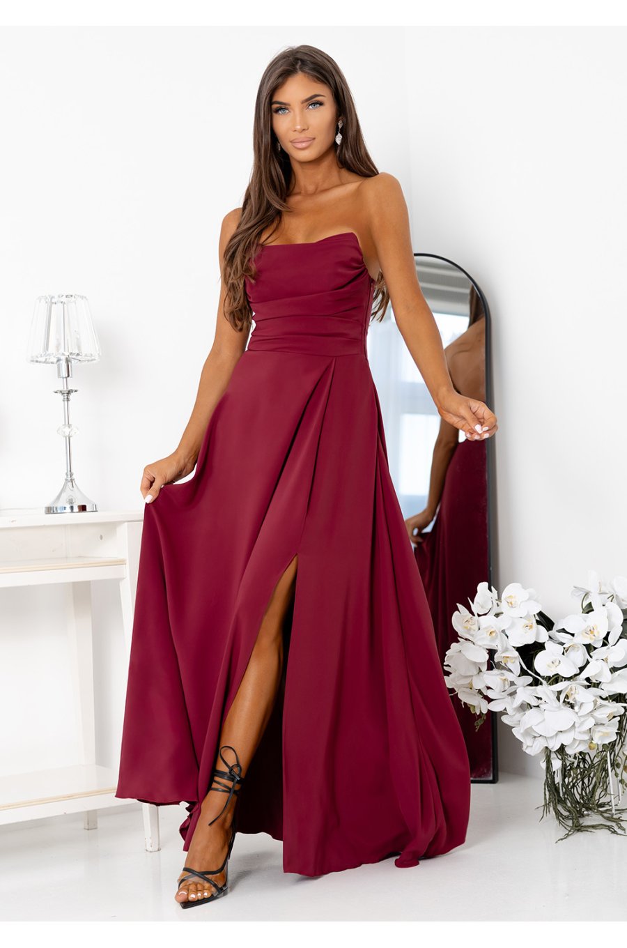 Rochie eleganta lunga burgundy cu bust tip corset cu umerii goi VenussW  1 - jojofashion.ro